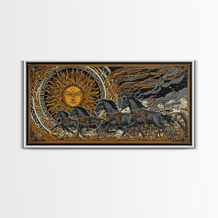Sun Chariot of Sol Canvas Gold Art, Norse Mythology Canvas Art Wall Hanging, Viking Decor for Dad Gift, framed in authentic wood