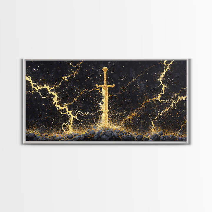 Excalibur Sword Canvas Gold Art, Norse Inspired Canvas Art Wall Decor, Mythology Office Art with wood frame, gift for men’s man cave
