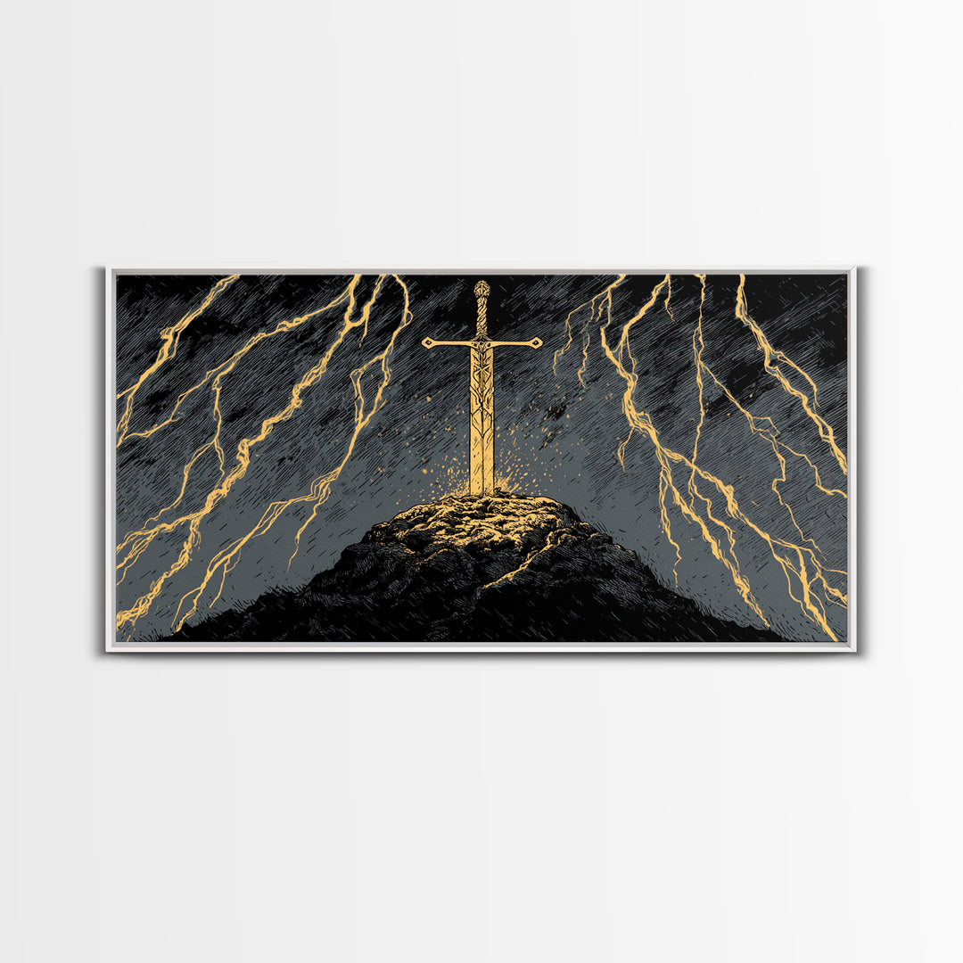 Storm Sword Canvas Gold Art, Nordic Mythology Canvas Art Print, Viking Office Wall Art framed in real wood, masculine gift idea