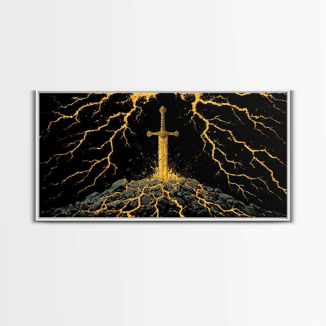 Lightning Sword Canvas Gold Art, Norse Mythology Canvas Art Wall Decor, Viking Warrior Office Art with natural wood frame, dad gift
