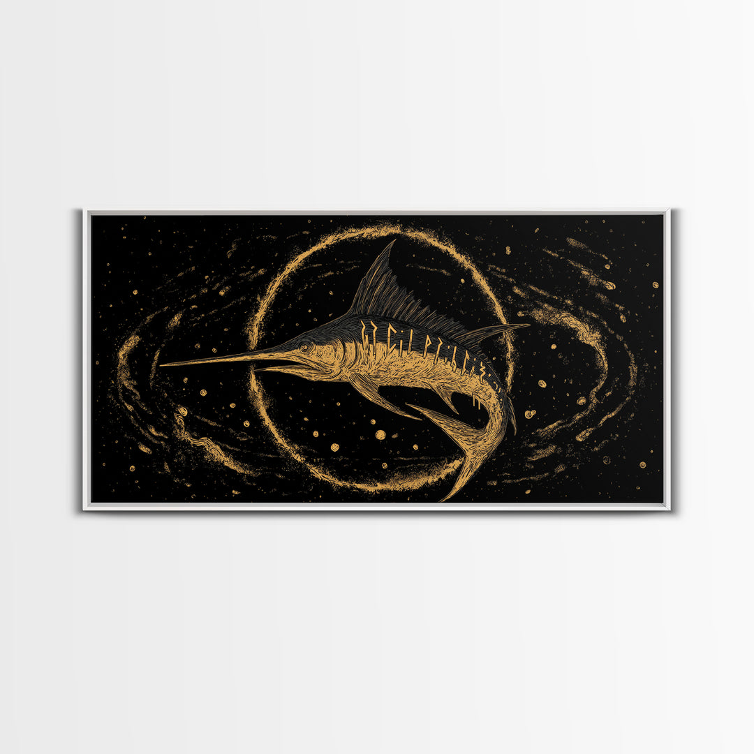 Swordfish Canvas Gold Art Nordic Mythology Inspired Canvas Art for Man Cave Wall Decor, Office Art Framed in Natural Wood