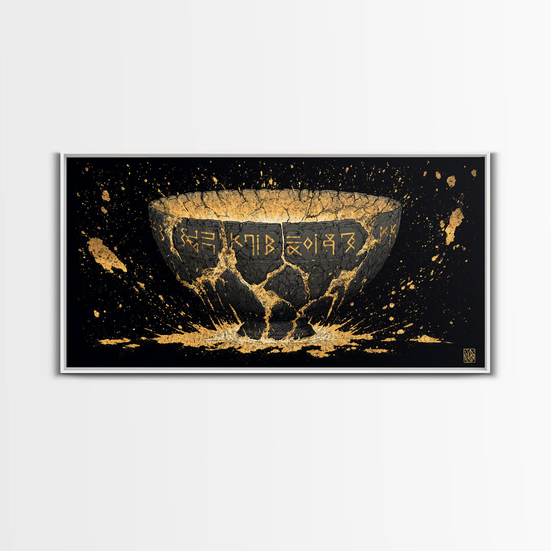 Viking Rune Bowl Canvas Gold Art, Nordic Mythology Canvas Art with Real Wood Frame, Unique Office Wall Decor, Man Cave Gift