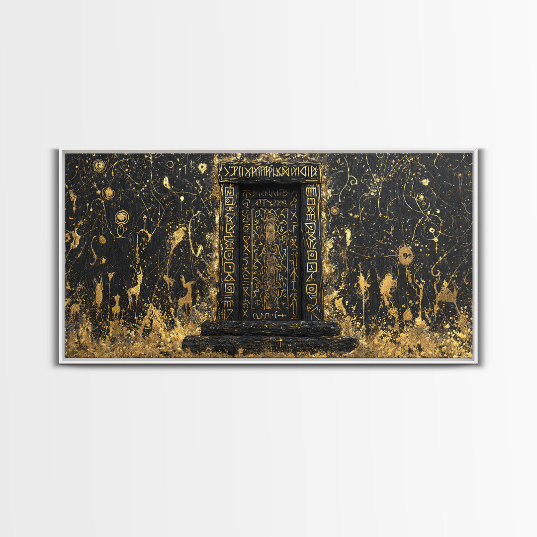 Runestone Doorway Canvas Gold Art, Nordic Mythology Inspired Canvas Art, Pagan Viking Office Decor Framed in Real Wood