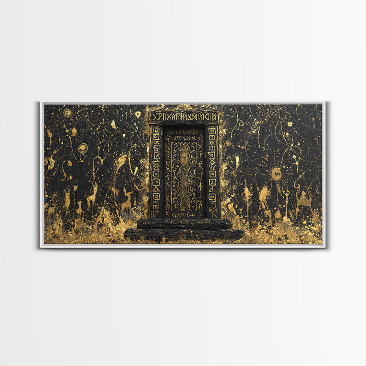 Runestone Doorway Canvas Gold Art, Nordic Mythology Inspired Canvas Art, Pagan Viking Office Decor Framed in Real Wood
