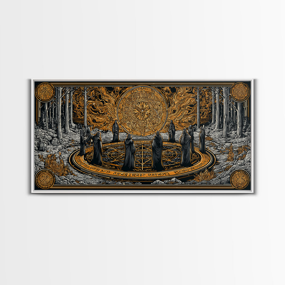 Nordic Ritual Circle Canvas Gold Art, Mythology Inspired Canvas Art, Mystical Office Wall Decor with Real Wood Framing