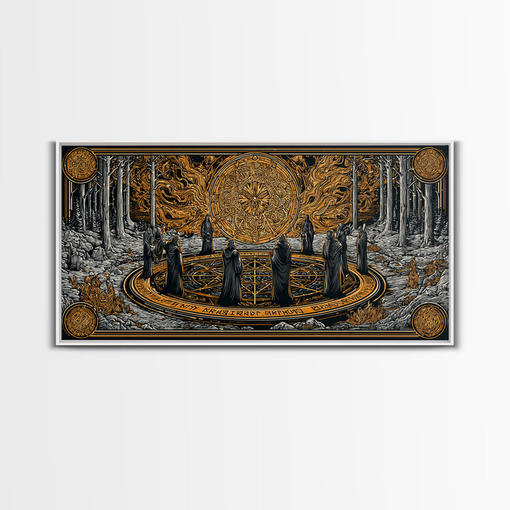 Nordic Ritual Circle Canvas Gold Art, Mythology Inspired Canvas Art, Mystical Office Wall Decor with Real Wood Framing