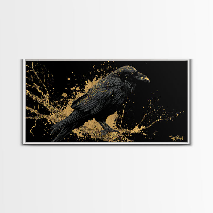 Viking Raven Canvas Gold Art Canvas Art Norse Wall Decor with Real Wood Frame, Nordic Mythology Office or Dad Gift Artwork