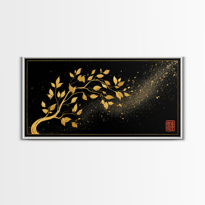 Yggdrasil Tree Canvas Gold Art, Nordic Mythology Inspired Canvas Art with Natural Wood Frame, Pagan Office Decor, Man Gift