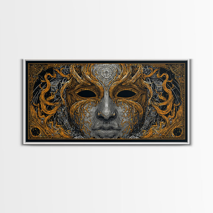 Odin’s Face Canvas Gold Art, Norse Mythology Inspired Canvas Art, Nordic Office Decor Framed in Natural Wood for Man Cave