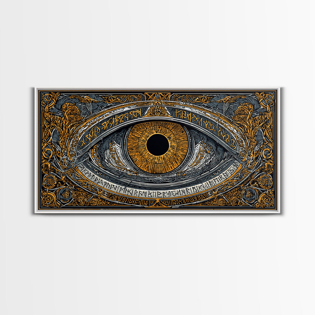 Odin’s Eye Canvas Gold Art Nordic Canvas Art Norse Mythology Wall Decor framed in natural wood, Man Cave Gift, Office Art