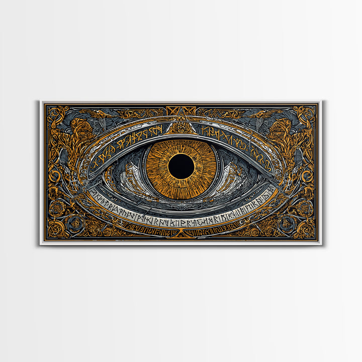 Odin’s Eye Canvas Gold Art Nordic Canvas Art Norse Mythology Wall Decor framed in natural wood, Man Cave Gift, Office Art