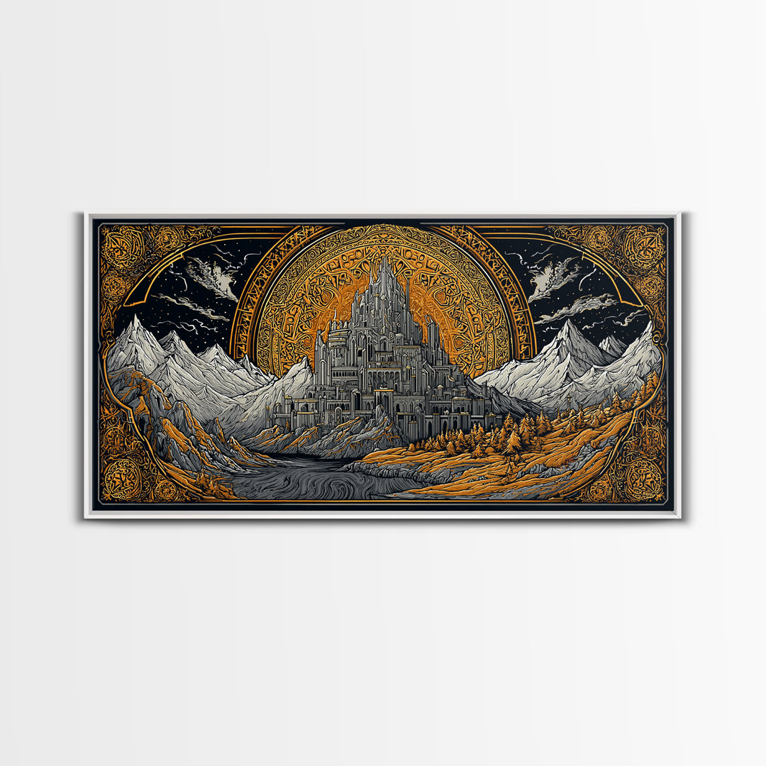 Asgard Fortress Canvas Gold Art Norse Mythology Canvas Art Nordic Wall Hanging framed in natural wood, Viking Decor Office