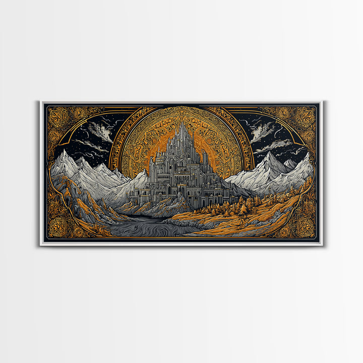 Asgard Fortress Canvas Gold Art Norse Mythology Canvas Art Nordic Wall Hanging framed in natural wood, Viking Decor Office