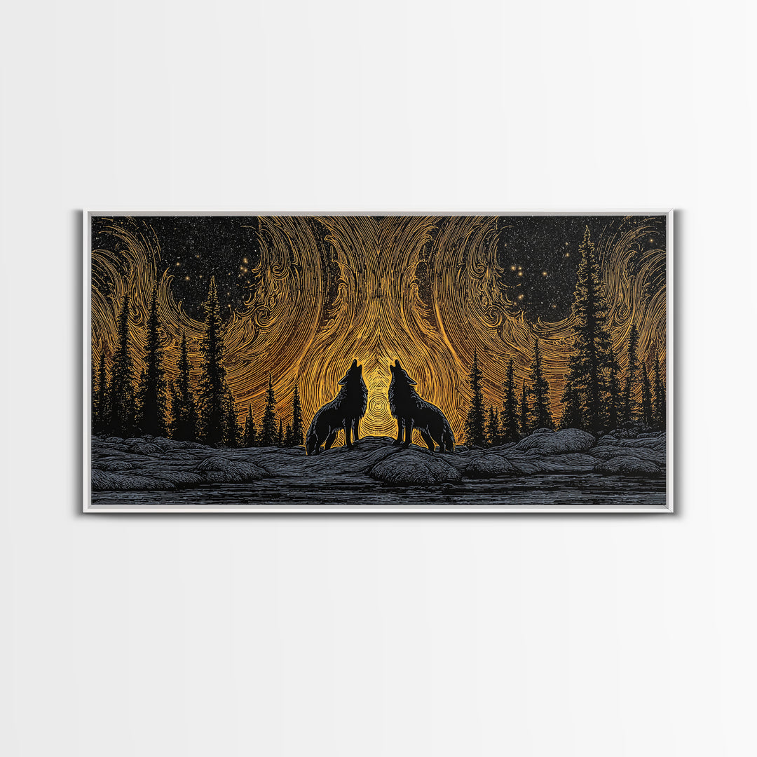 Fenrir Wolves Canvas Gold Art Norse Mythology Canvas Art Nordic Wall Hanging framed in wood, Dad Gift, Viking Decor for Office