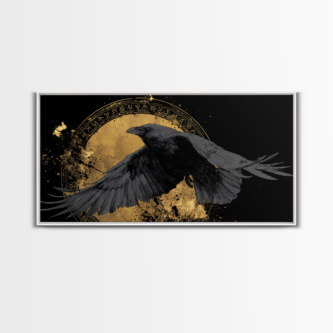Raven of Odin Canvas Gold Art Norse Mythology Canvas Art Nordic Wall Decor framed in real wood, Man Cave Viking Office Gift
