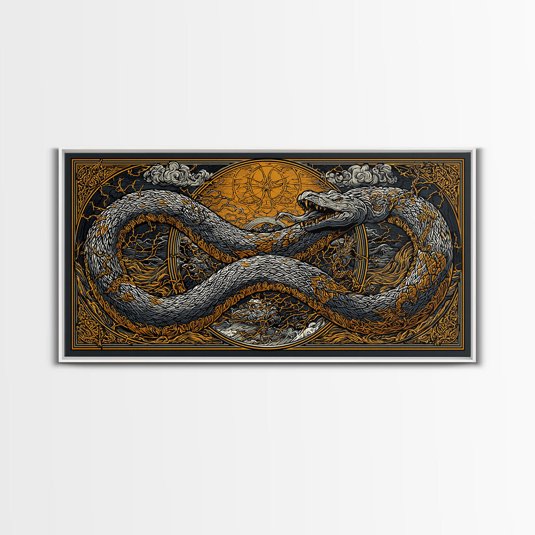 Midgard Serpent Canvas Gold Art Norse Mythology Canvas Art Nordic Wall Hanging framed in natural wood, Office Accent, Dad Gift