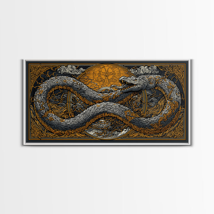 Midgard Serpent Canvas Gold Art Norse Mythology Canvas Art Nordic Wall Hanging framed in natural wood, Office Accent, Dad Gift