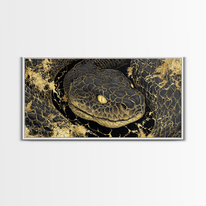 Viking Serpent Jormungandr Canvas Gold Art Canvas Art Norse Mythology Wall Decor for Man Cave or Office framed in natural wood