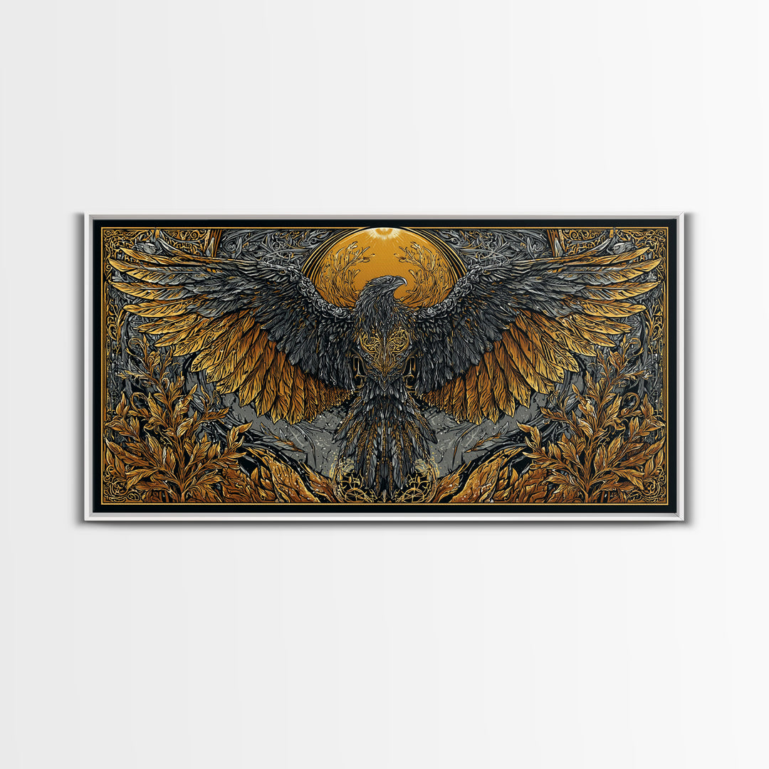 Valkyrie Eagle Canvas Gold Art Canvas Art Norse Wall Hanging with Spreading Wings, Natural Wood Frame, Nordic Mythology Gift