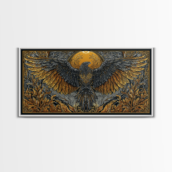 Valkyrie Eagle Canvas Gold Art Canvas Art Norse Wall Hanging with Spreading Wings, Natural Wood Frame, Nordic Mythology Gift