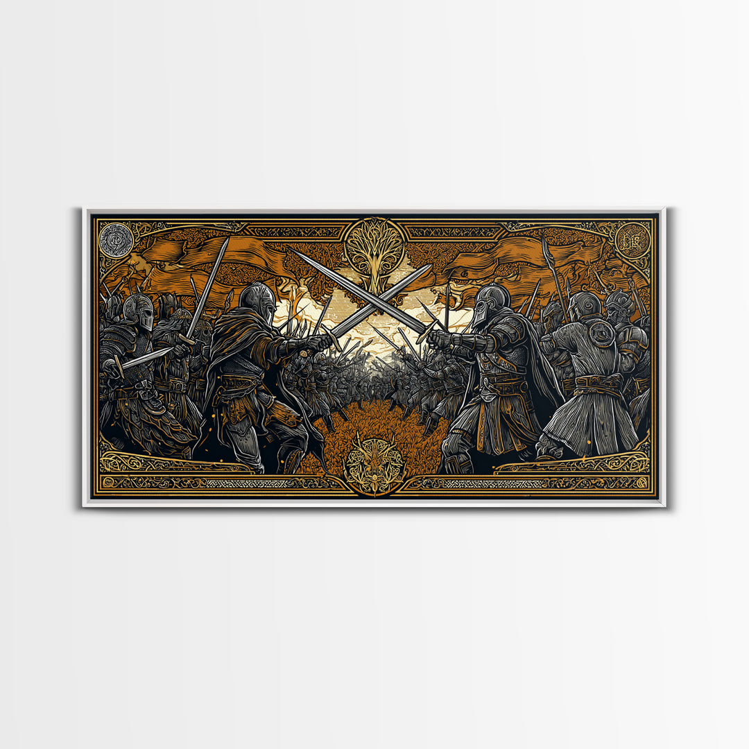 Viking Battle Canvas Gold Art Canvas Art Norse Warriors Mythology Wall Decor Office Art Man Cave Gift framed in natural wood