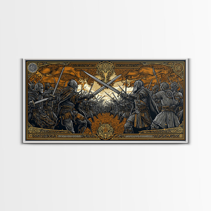 Viking Battle Canvas Gold Art Canvas Art Norse Warriors Mythology Wall Decor Office Art Man Cave Gift framed in natural wood