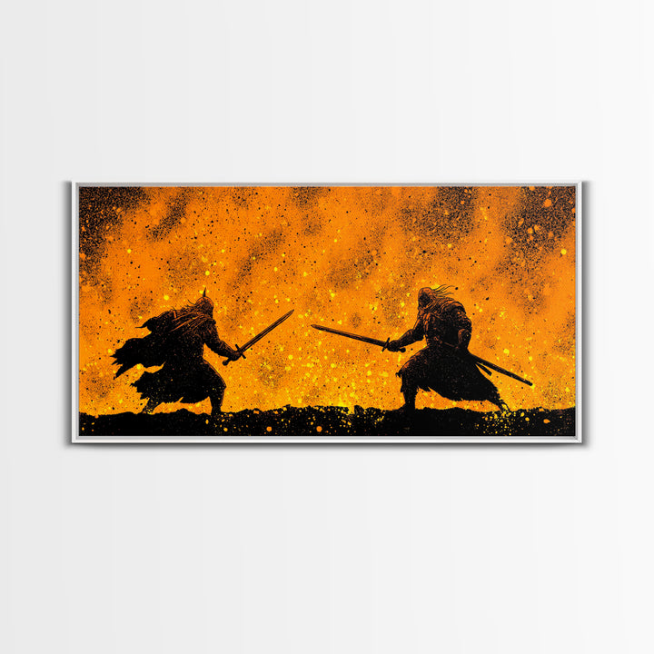 Fiery Duel Canvas Gold Art Canvas Art Norse Viking Mythology Warrior Wall Decor Dad Gift Office Art framed in solid wood