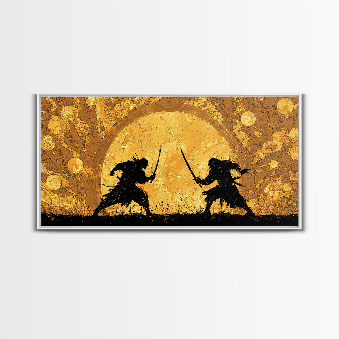 Samurai Duel Canvas Gold Art Canvas Art Norse Inspired Epic Warrior Wall Art Man Cave Decor Office Gift framed in real wood