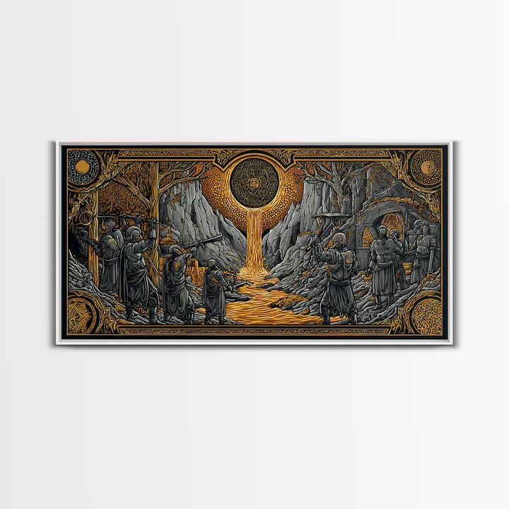 Dwarves Forging Canvas Gold Art Canvas Art Norse Mythology Viking Blacksmiths Wall Decor Office or Man Cave framed in wood