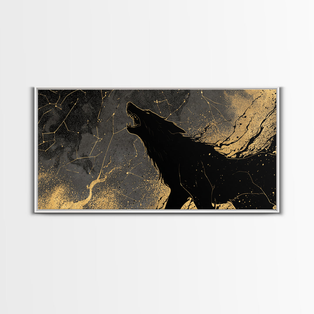 Fenrir Wolf Canvas Gold Art Canvas Art Norse Mythology Beast Viking Wall Decor Dad Gift Office Art framed in real wood frame
