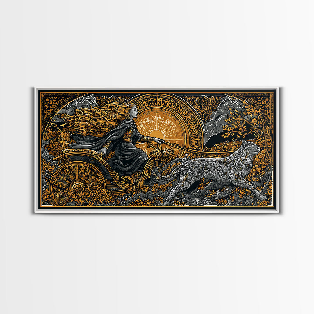 Freyja Canvas Gold Art Canvas Art Norse Goddess Viking Mythology Wall Decor Man Cave or Office Art framed in natural wood