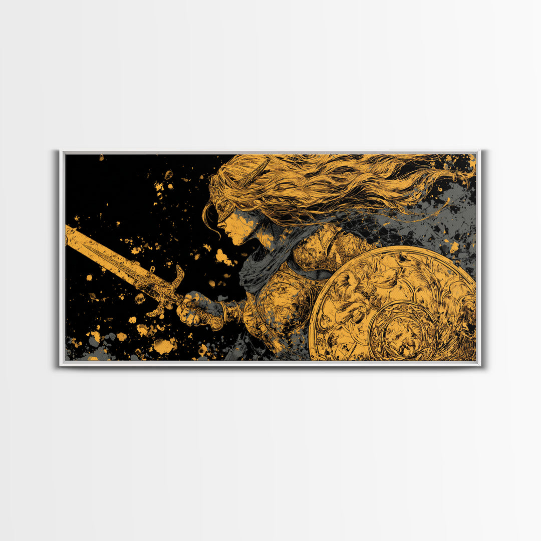 Valkyrie Warrior Canvas Gold Art Canvas Art Norse Mythology Female Viking Wall Decor Office Art Man Cave Gift framed in wood