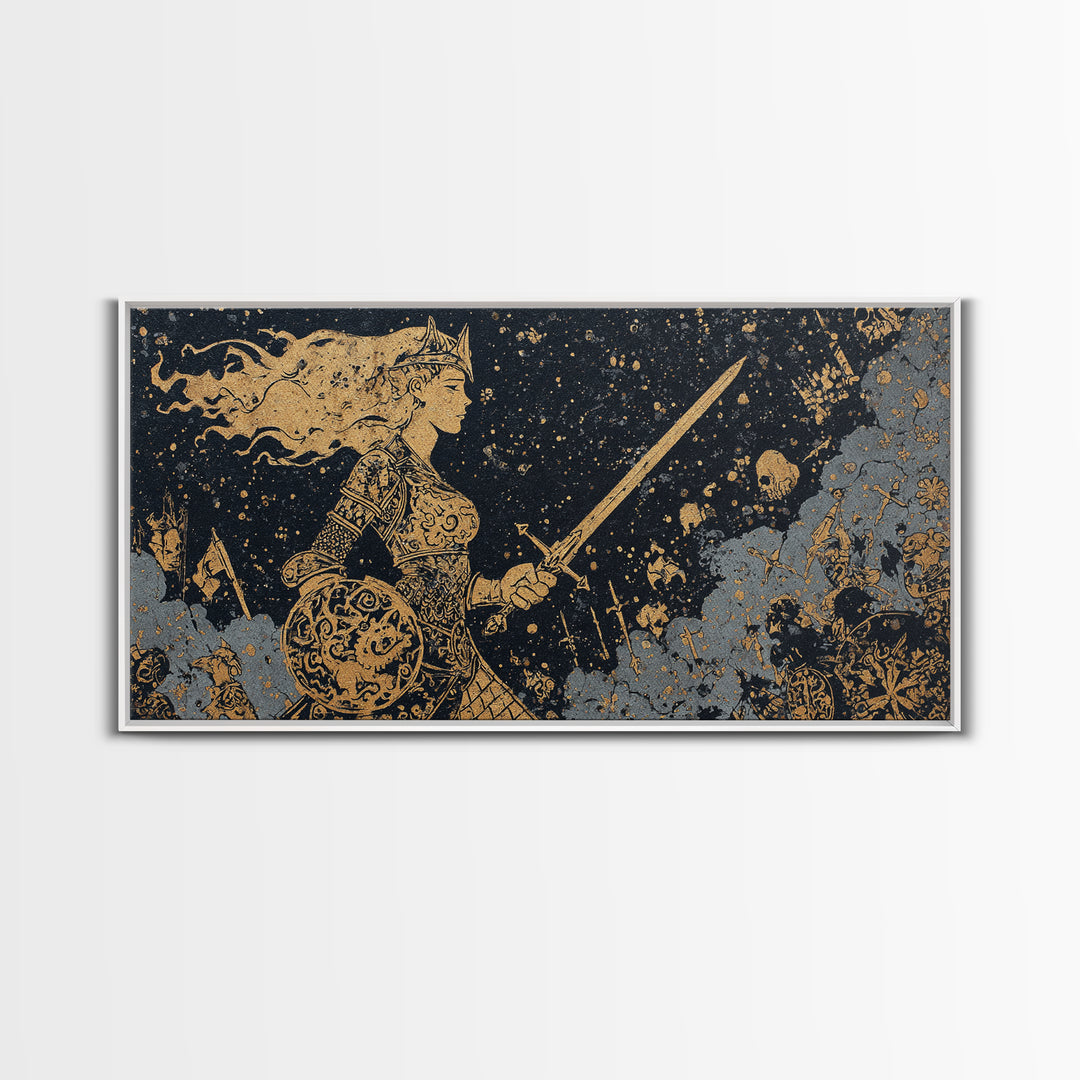 Viking Warrior Queen Hervor Canvas Gold Art Canvas Art Nordic Mythology Wall Decor for Office or Man Cave framed in real wood