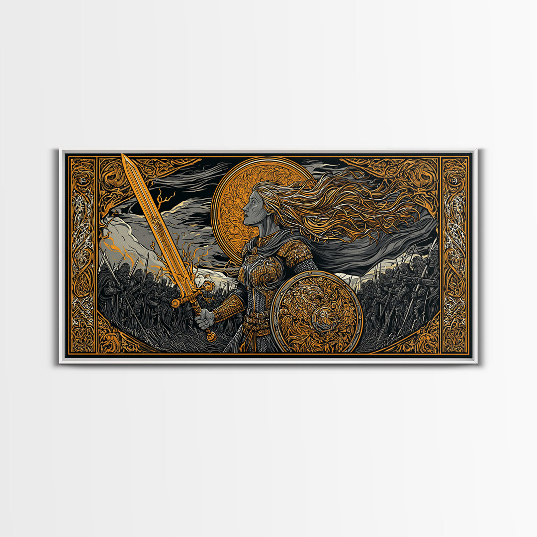 Shieldmaiden Hervor Canvas Gold Art Canvas Art Norse Warrior Goddess Viking Wall Decor Dad Gift Office framed in real wood
