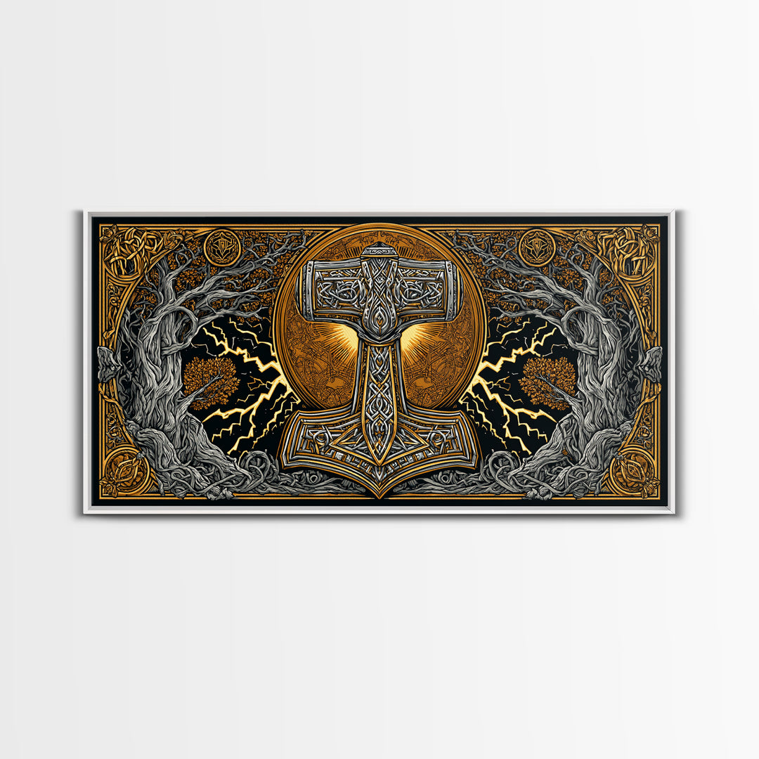 Mjolnir Norse Hammer Canvas Gold Art Canvas Art Viking Symbol Wall Art for Man Cave Office or Dad Gift in handcrafted real wood frame