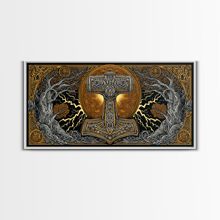 Mjolnir Norse Hammer Canvas Gold Art Canvas Art Viking Symbol Wall Art for Man Cave Office or Dad Gift in handcrafted real wood frame