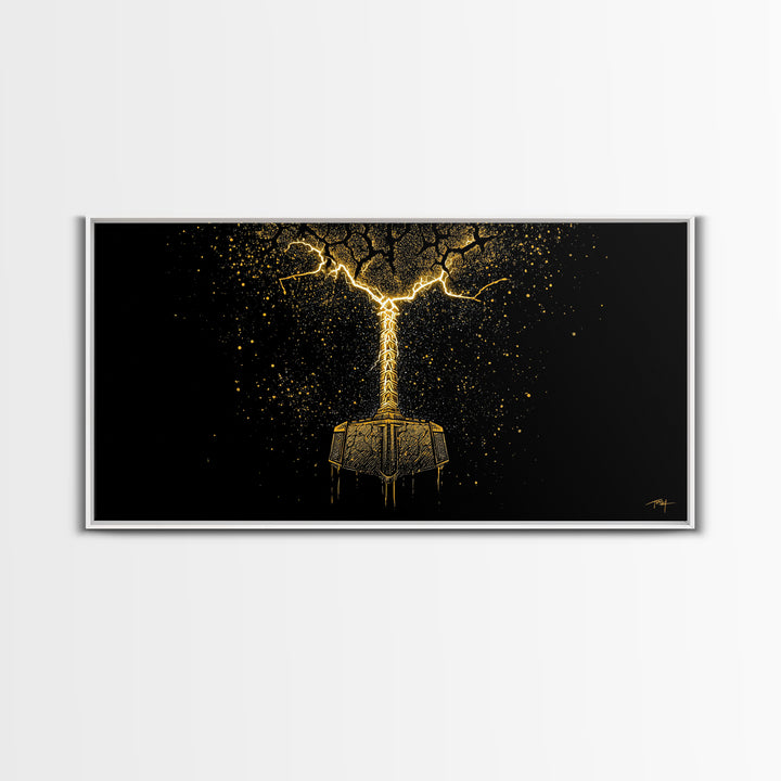 Thor’s Mjolnir Hammer Canvas Gold Art Canvas Art Nordic Wall Art Viking Decor Mythology Office Piece framed in premium natural wood