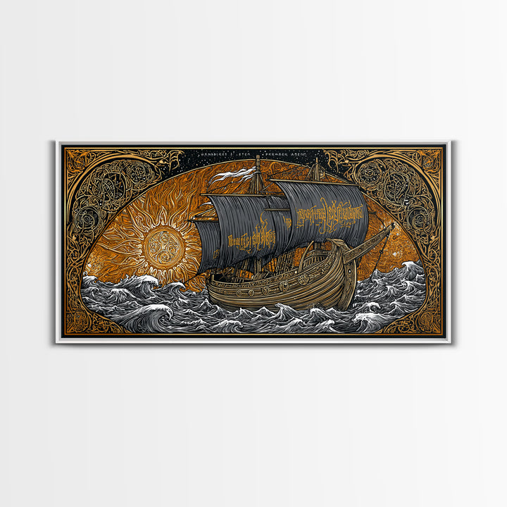 Viking Ship Naglfar Canvas Gold Art Canvas Art Nordic Longship Decor Norse Mythology Office Wall Art Man Cave framed in authentic wood