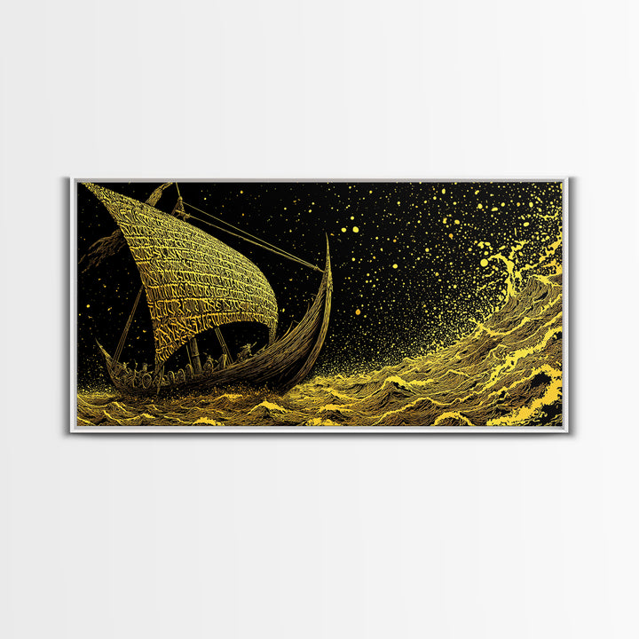 Norse Ship Naglfar Canvas Gold Art Canvas Art Viking Longship Wall Hanging Decor for Dad Gift Office Art framed in handcrafted real wood