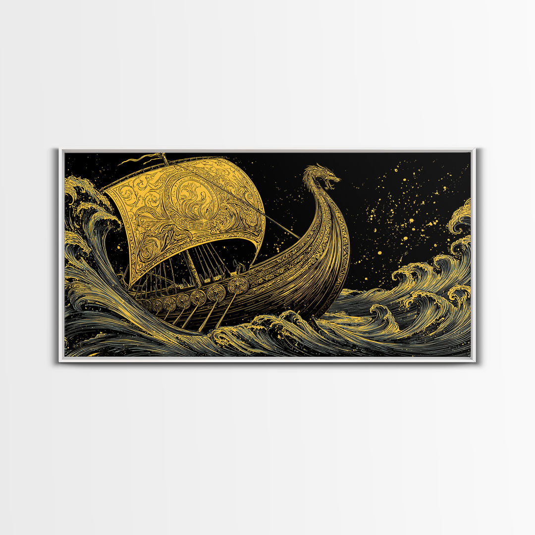 Naglfar Viking Ship Canvas Gold Art Canvas Art Norse Mythology Longship Wall Hanging Decor Office Art Man Cave Gift framed in real wood