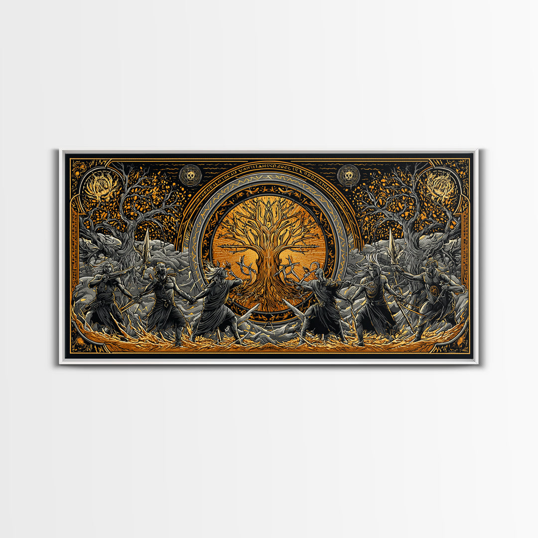 Sköll Wolf Canvas Gold Art Norse Mythology Canvas Art, Viking Wolf Devours the Sun Wall Decor in real wood frame for office