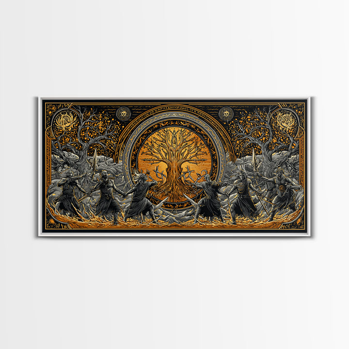 Sköll Wolf Canvas Gold Art Norse Mythology Canvas Art, Viking Wolf Devours the Sun Wall Decor in real wood frame for office