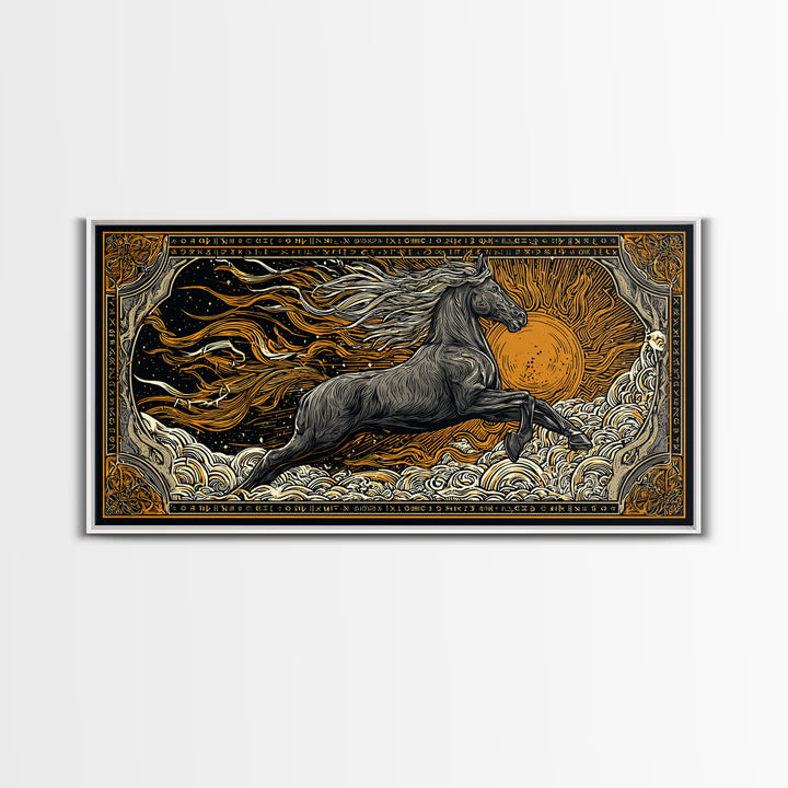 Mythical Sleipnir Canvas Gold Art Wall Decor, Odin’s Eight-Legged Horse Norse Canvas Art with real wood frame, Viking Office Art
