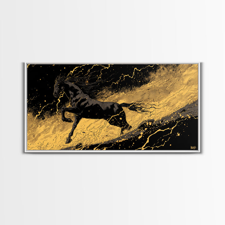 Nordic Sleipnir Horse Canvas Art, Canvas Gold Art in Norse Mythology Style, Man Cave Wall Art for Men, framed in authentic wood
