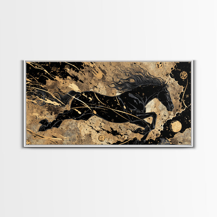 Sleipnir Norse Horse Canvas Gold Art, Nordic Mythology Canvas Art for Man Cave or Office, framed in natural wood, unique Dad Gift
