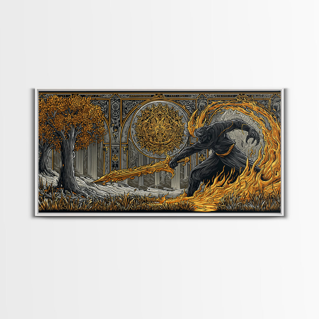 Surtur Norse Fire Giant Canvas Art, Nordic Mythology Canvas Gold Art for Office Wall or Man Cave, framed in real wood, bold Dad Gift
