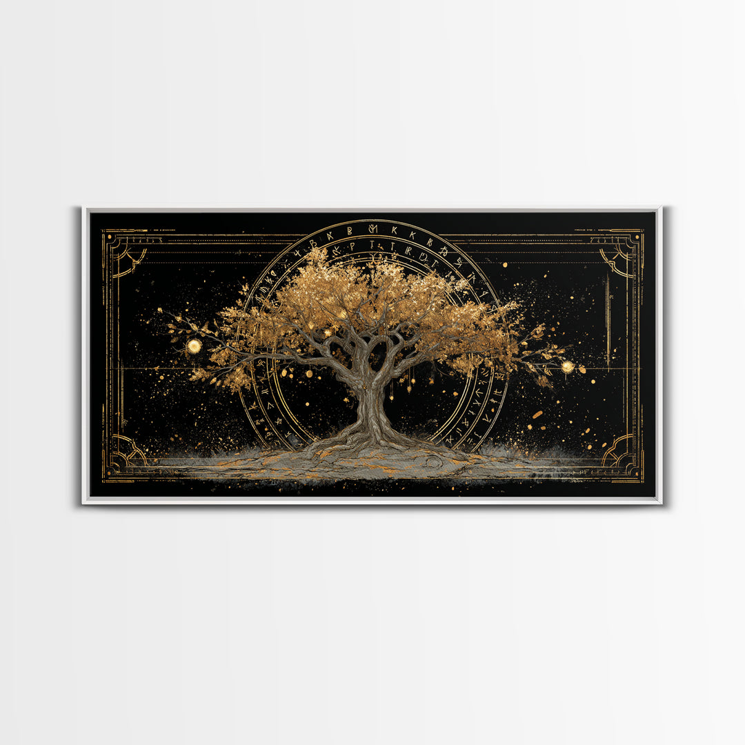 The World Tree Yggdrasil Canvas Gold Art, Norse Mythology Canvas Art for Office, Viking Man Cave Decor, framed in natural wood