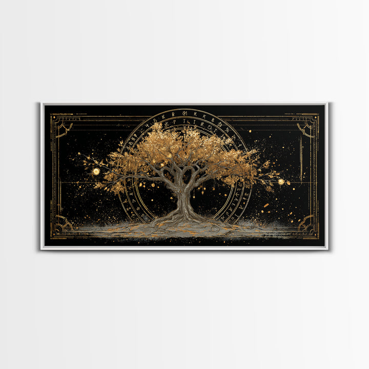 The World Tree Yggdrasil Canvas Gold Art, Norse Mythology Canvas Art for Office, Viking Man Cave Decor, framed in natural wood