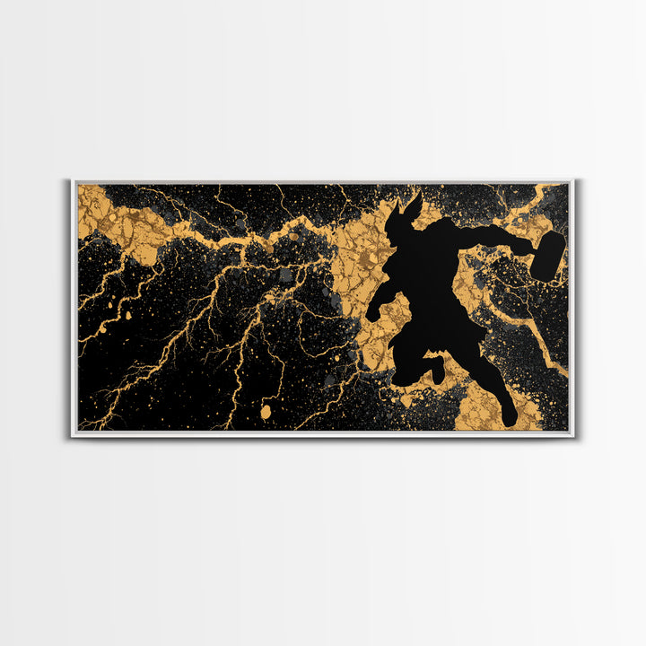 Viking Thor with Mjolnir Canvas Gold Art, Norse Mythology Canvas Art Wall Decor for Man Cave or Dad Gift, framed in solid wood