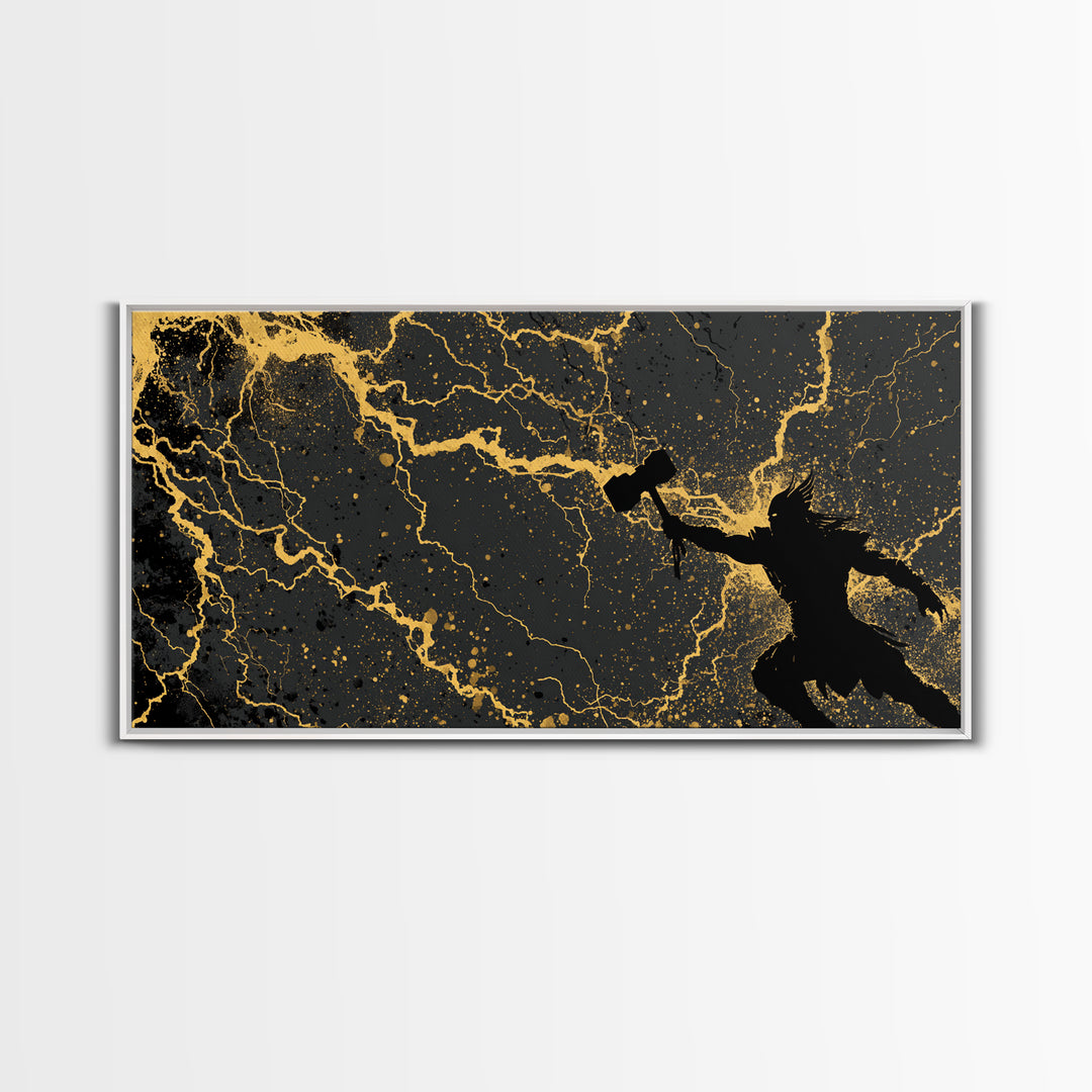 Thor God of Thunder Canvas Art, Canvas Gold Art with Lightning, Norse Mythology Wall Decor, Office Art for Men, framed in real wood
